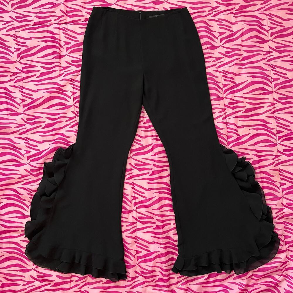 Vintage 90s / Y2K Ruffle Hem Flare Black Pants Latin Ballroom // Size‎ 8 Medium
